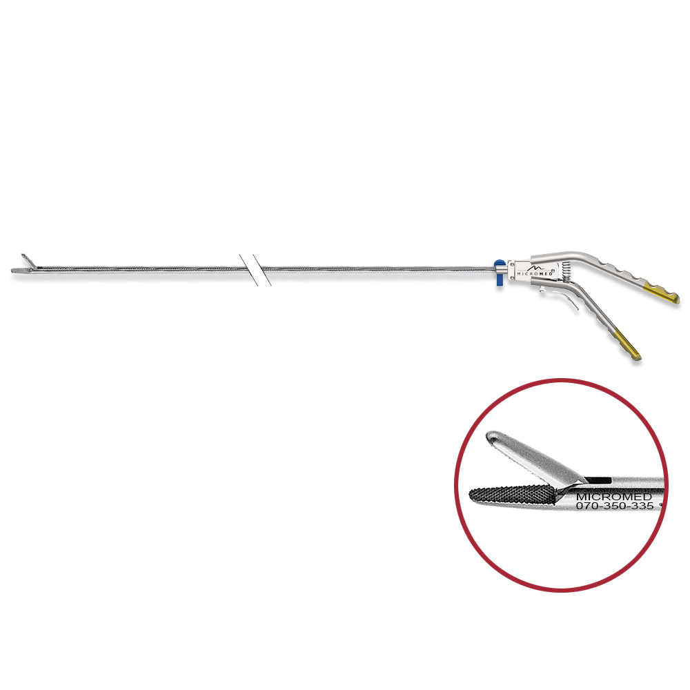 Needle holder Ø 5 mm, left curved, with inserted tungsten carbide, length 330 mm crosswise teeth, single action jaws