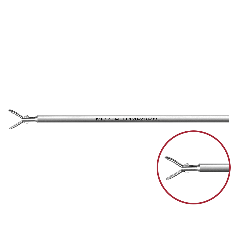 Dissektionszange schmal mit Fenster, Maul doppelt beweglich, Länge 330 mm, für Ø 5 mm Instrumente