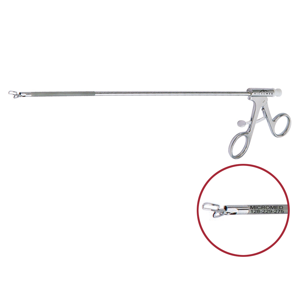 Cholangiography fixation clamp with channel for 6 Charrier catheters, Rachet handle, Ø 5 mm, working length 330 mm,