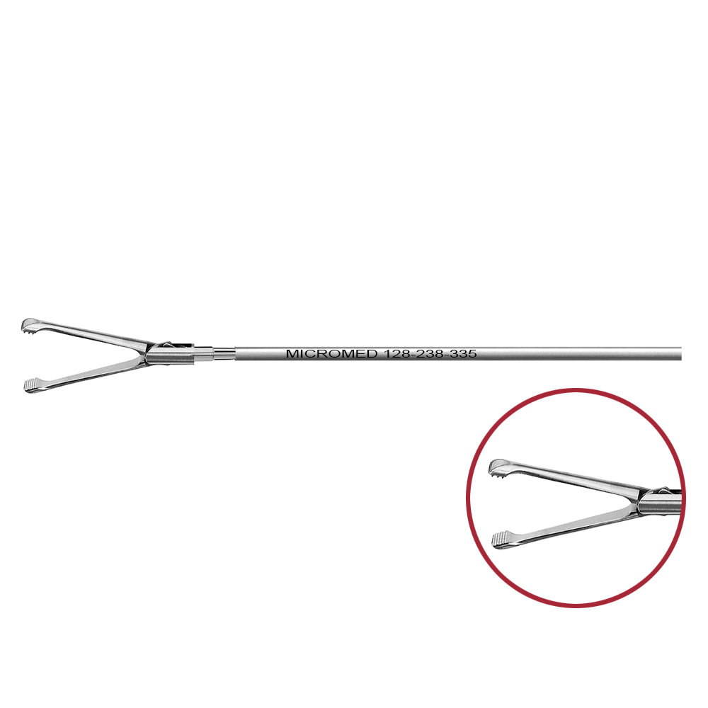 grasping forceps with fine crosswise teeth, double action jaws, length 330 mm for Ø 5 mm instruments