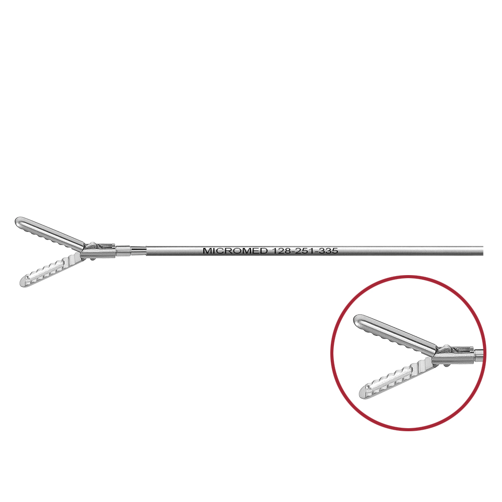 Atraumatic grasping forceps with wavy teeth and reservoir, double action jaws, length 330 mm, for Ø 5 mm instruments