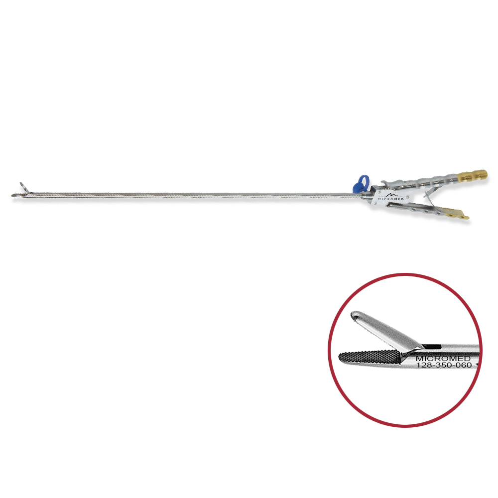 Needle holder Ø 5 mm, left curved, with inserted tungsten carbide, length 330 mm crosswise teeth, single action jaws