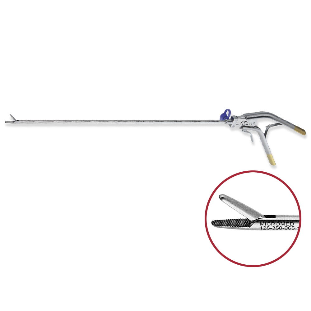 Needle holder Ø 5 mm, left curved, with inserted tungsten carbide, length 330 mm crosswise teeth, single action jaws