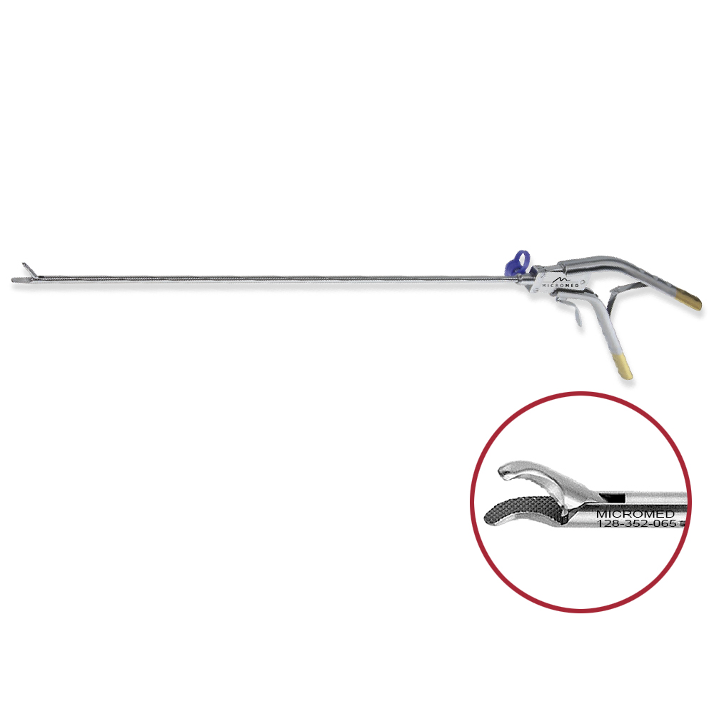 Needle holder Ø 5 mm, left curved, with inserted tungsten carbide, length 330 mm crosswise teeth, single action jaws