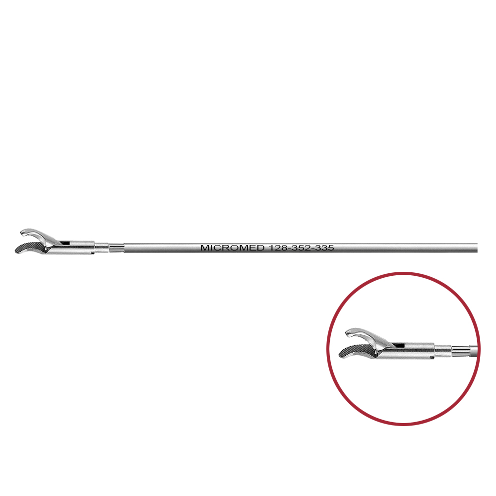 Needle holder, left curved, with inserted tungsten carbide, crosswise teeth, single action jaws, length 330 mm