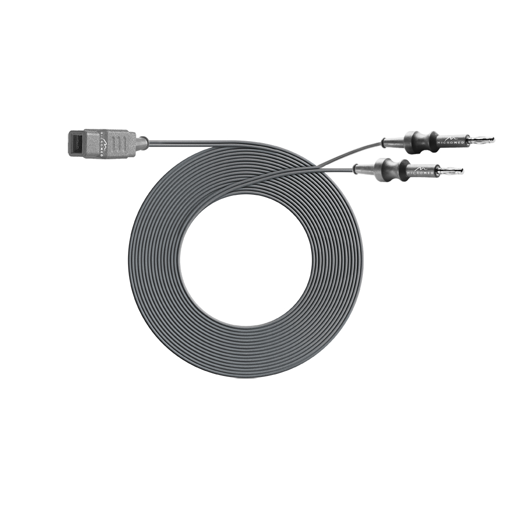 Kabel bipolar für Pinzetten, Flachsteck. Vierkant, mit 2 Bananenstecker 4 mm, Länge 3 m,