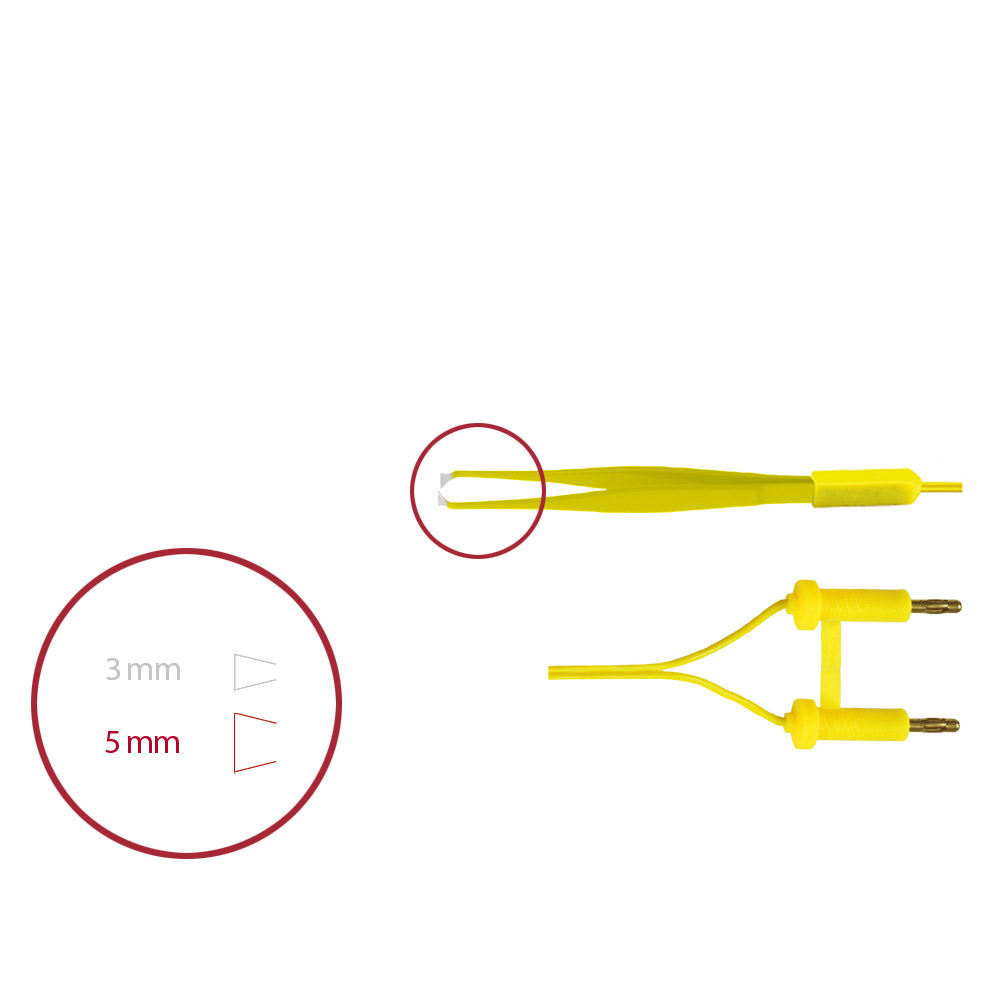 Bipolar forceps, yellow, angled inwards, 5 mm, length 130 mm, 3 m cable, single use, sterile, 12 pcs.,