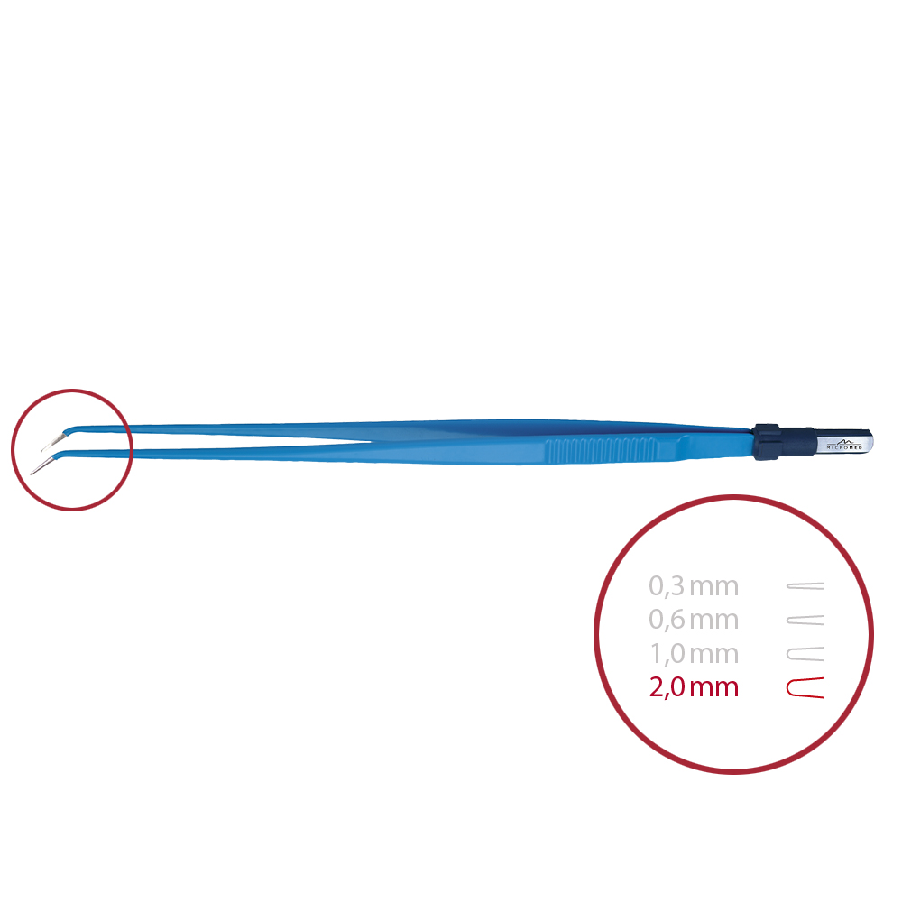 Bipolar forceps, angled, blunt 2,0 mm, length 240 mm 