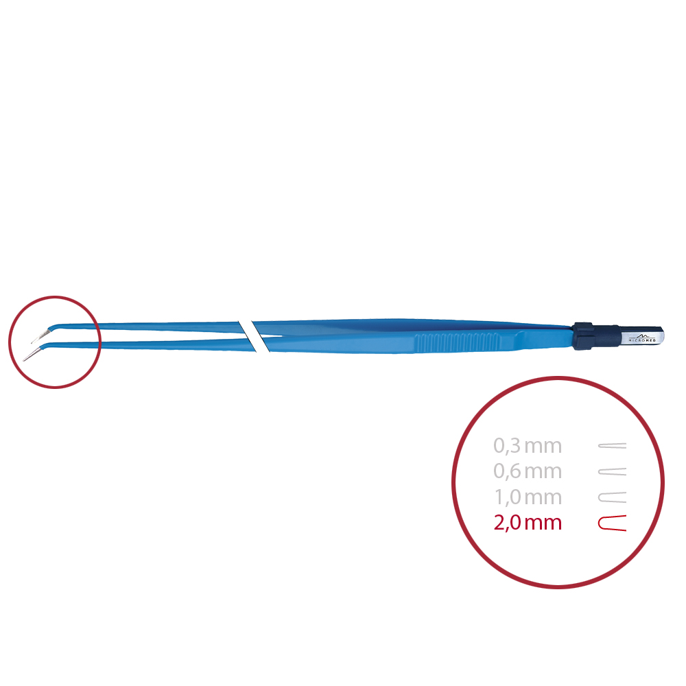 Bipolar forceps, angled, blunt 2,0 mm, length 260 mm 