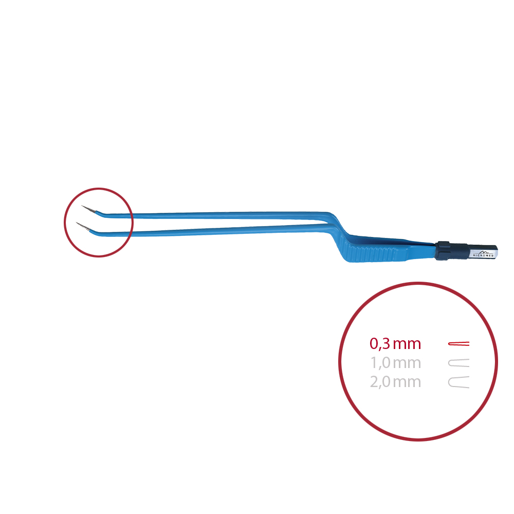 Bipolar forceps, bayonet, angled up, pointed 0,3 mm, length 220 mm