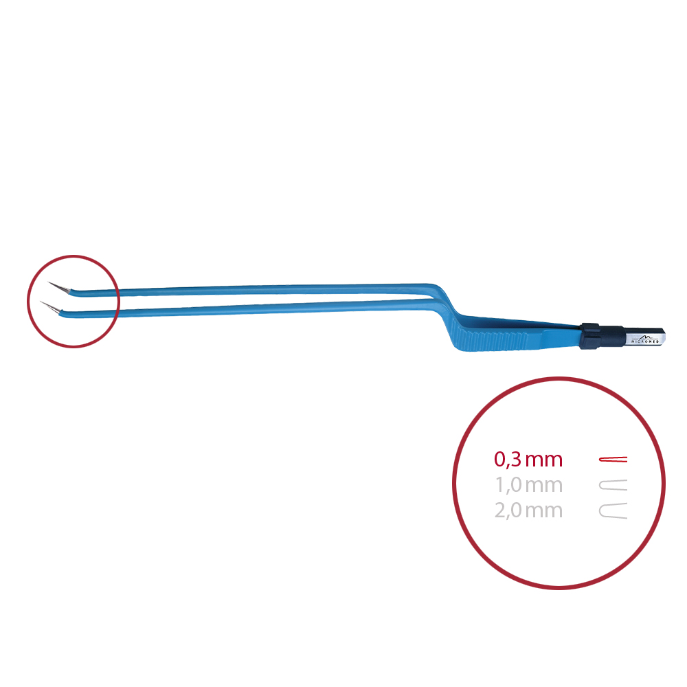 Bipolar forceps, bayonet, angled up, pointed 0,3 mm, length 240 mm