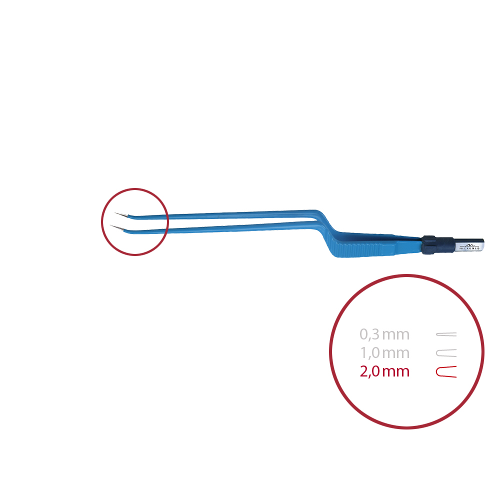 Bipolar forceps, bayonet, angled up, blunt 2,0 mm, length 200 mm