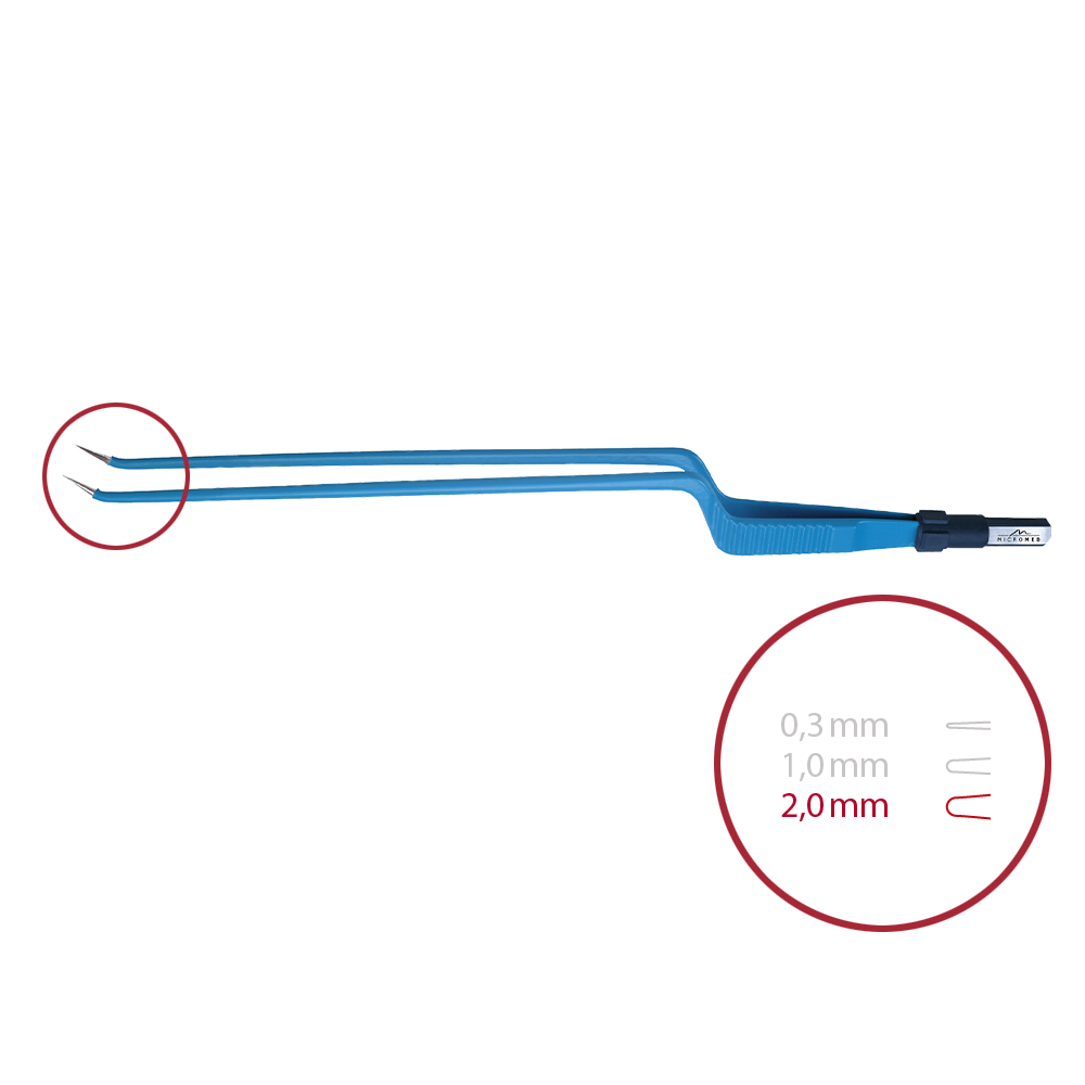 Bipolar forceps, bayonet, angled up, blunt 2,0 mm, length 240 mm