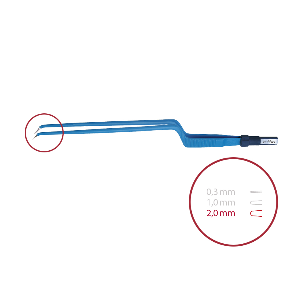 Bipolar forceps, bayonet, angled down, blunt 2.0 mm, length 220 mm