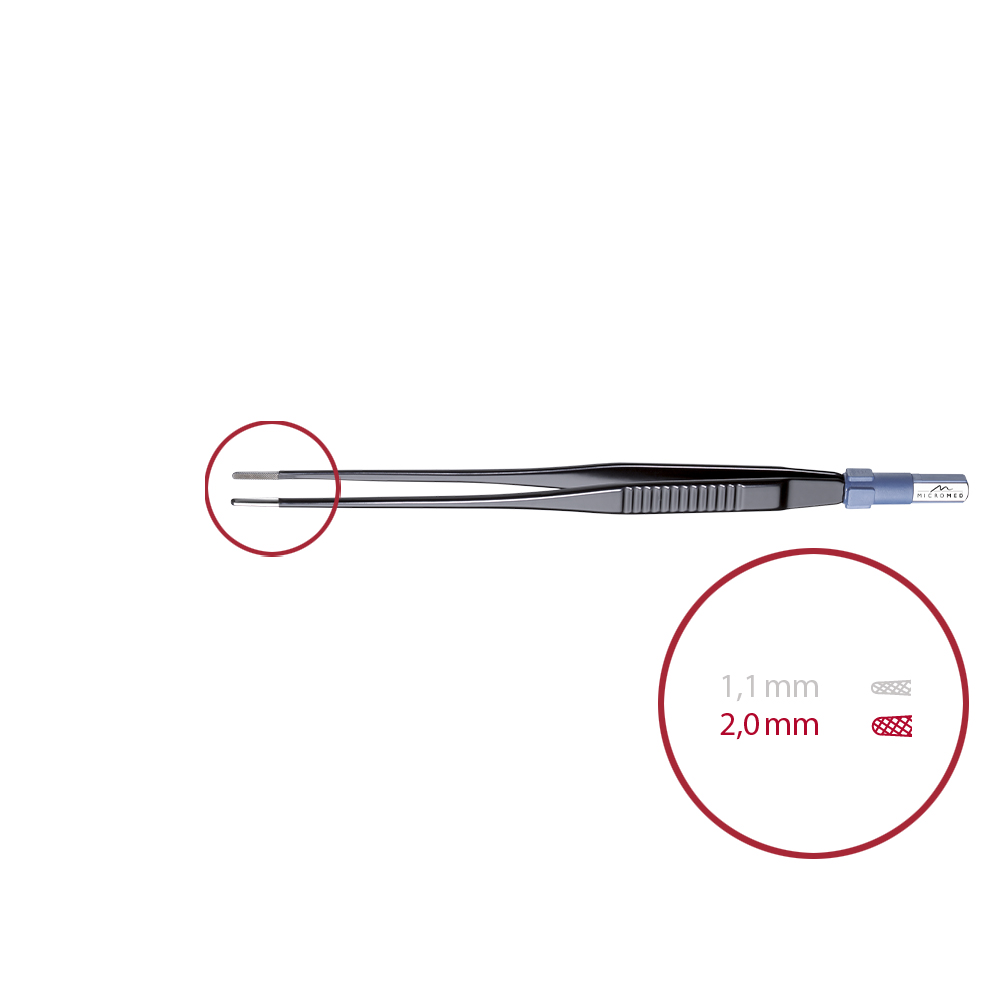 Bipolar forceps, straight, blunt 2,0 mm, length 190 mm, Tungsten-Carbide-jaws atraumatic