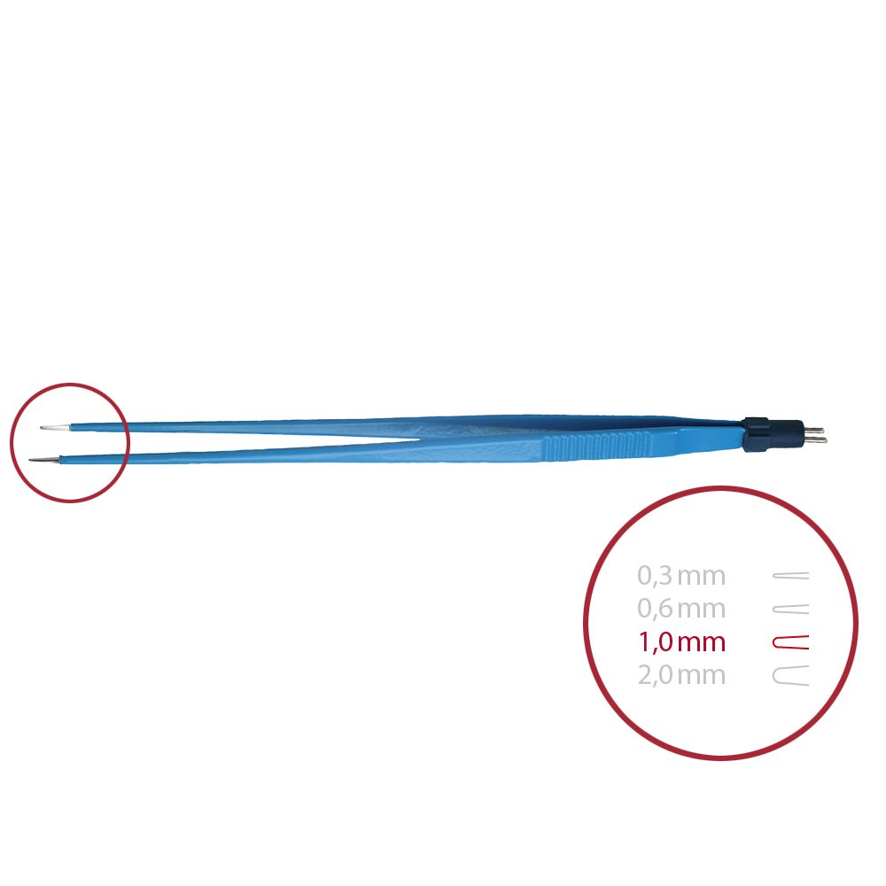 Bipolar forceps, straight, blunt 1,0 mm, length 240 mm, 2-pin-plug