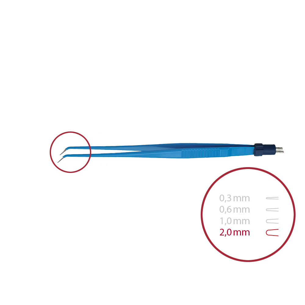 Bipolar forceps, knee-bent, blunt 2,0 mm, length 170 mm with 2-pin connector