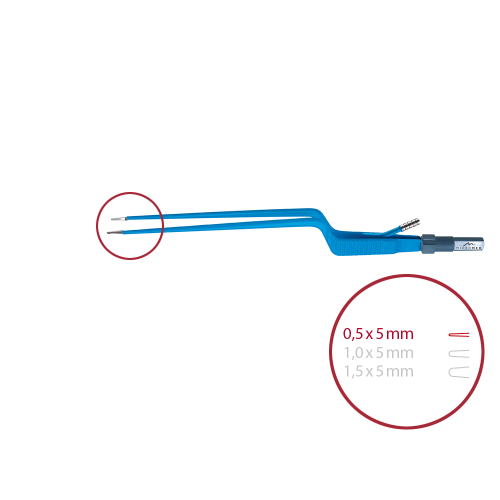 Forceps bipolar with irrigation, bayonet, pointed 0,5 x 5 mm, length 200 mm