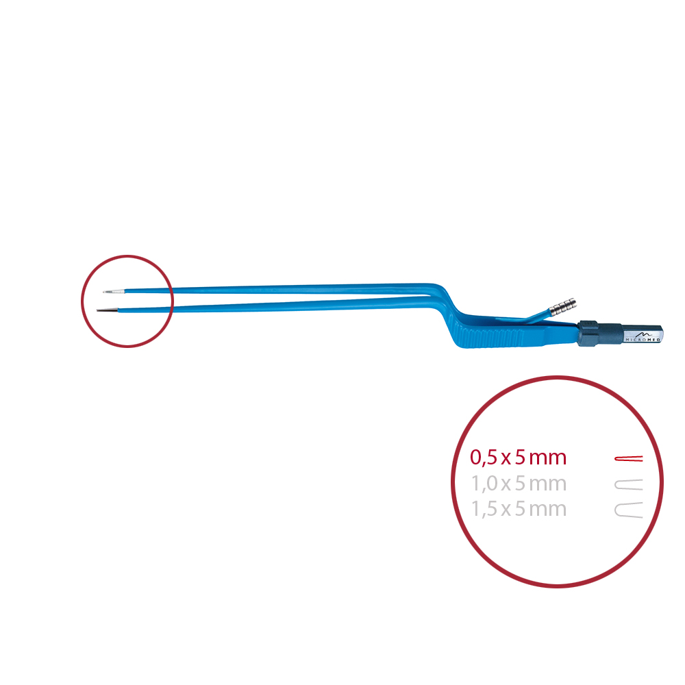 Forceps bipolar with irrigation, bayonet, pointed 0,5 x 5 mm, length 220 mm