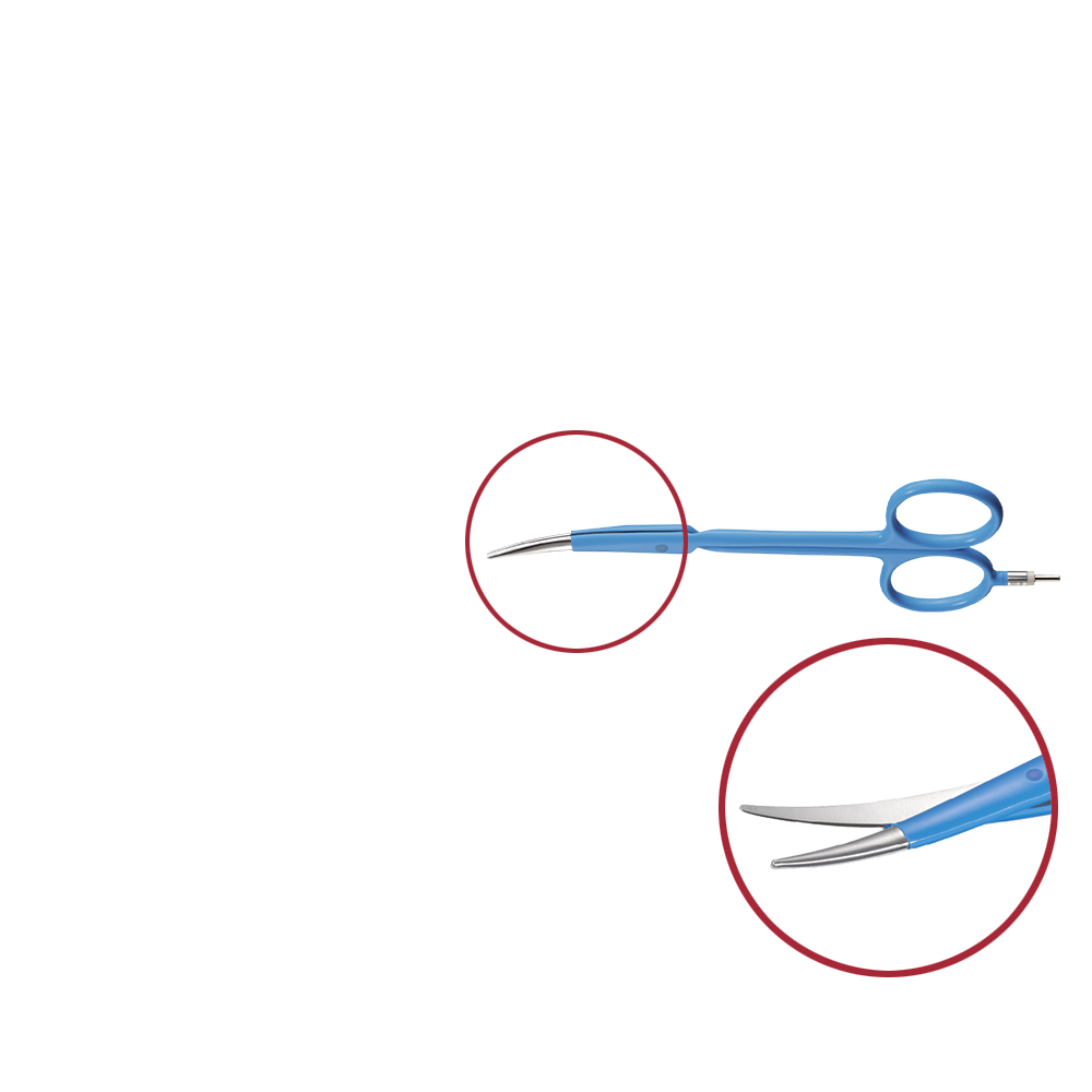 Schere bipolar, gebogen, extra feine Spitze, mit Rundstecker, Länge 130 mm