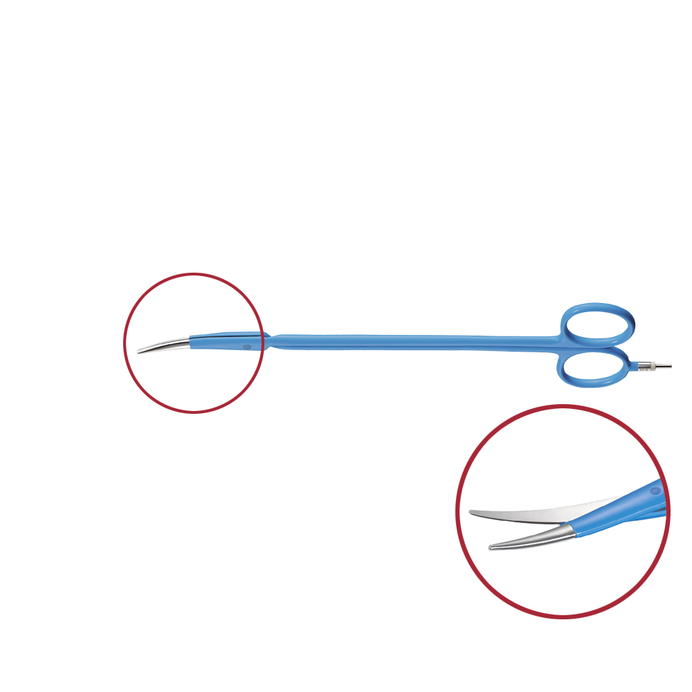 Bipolare Schere, gebogen, extra feine Spitze, mit Rundstecker, Länge 210 mm