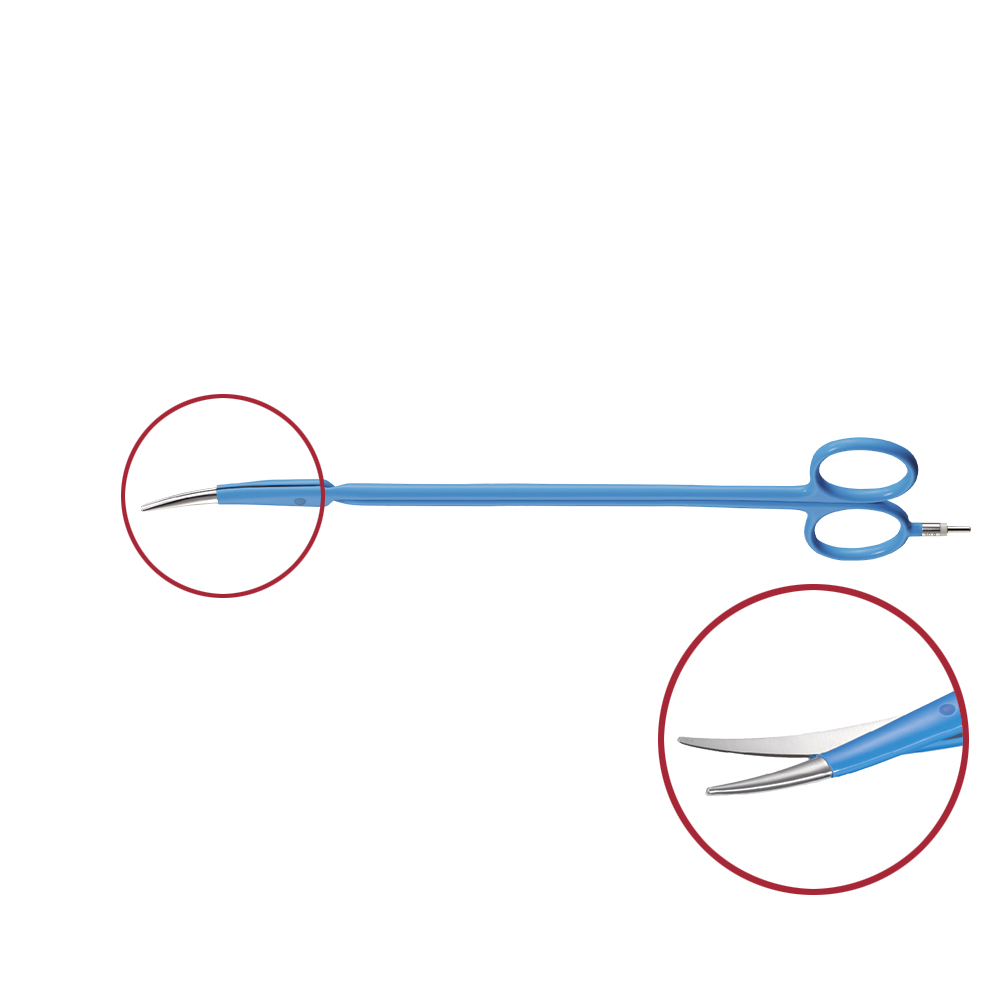 Bipolare Schere, gebogen, extra feine Spitze, mit Rundstecker, Länge 230 mm