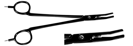 Bipolar clamps, angled, jaw smooth and fine 2,5 mm, black insulated, length 210 mm