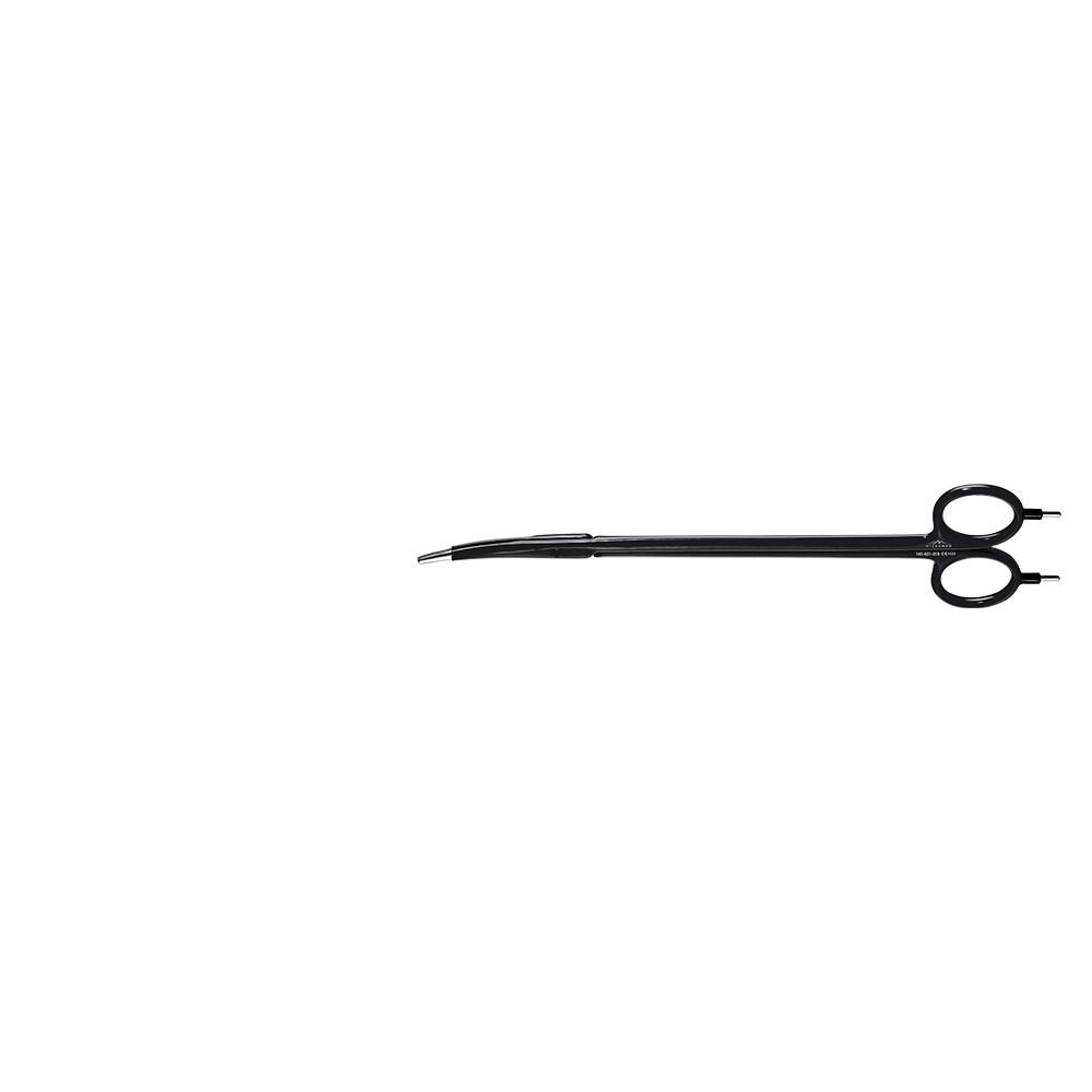 Scissors bipolar, curved, slim blades, with Ethicon type scissors connector, length 180 mm, black isolated