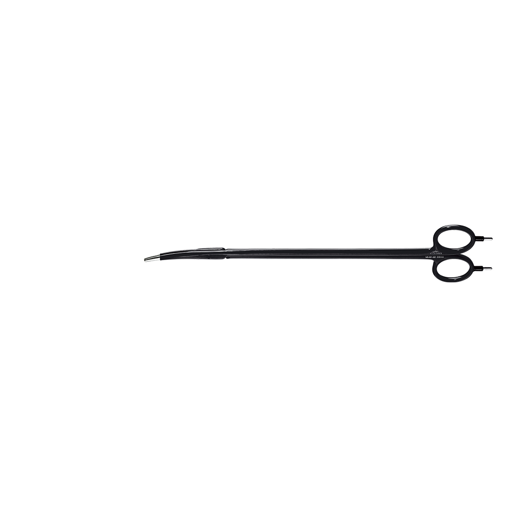 Scissors bipolar, curved, slim blades, with Ethicon type scissors connector, length 210 mm, black isolated