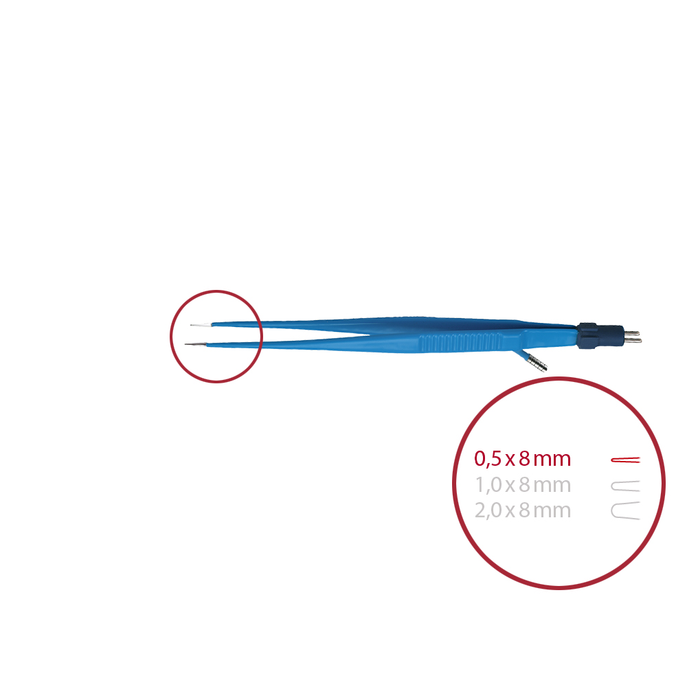 Forceps bipolar with irrigation, straight, pointed 0,5 x 8 mm, length 180 mm, with 2-pin connector