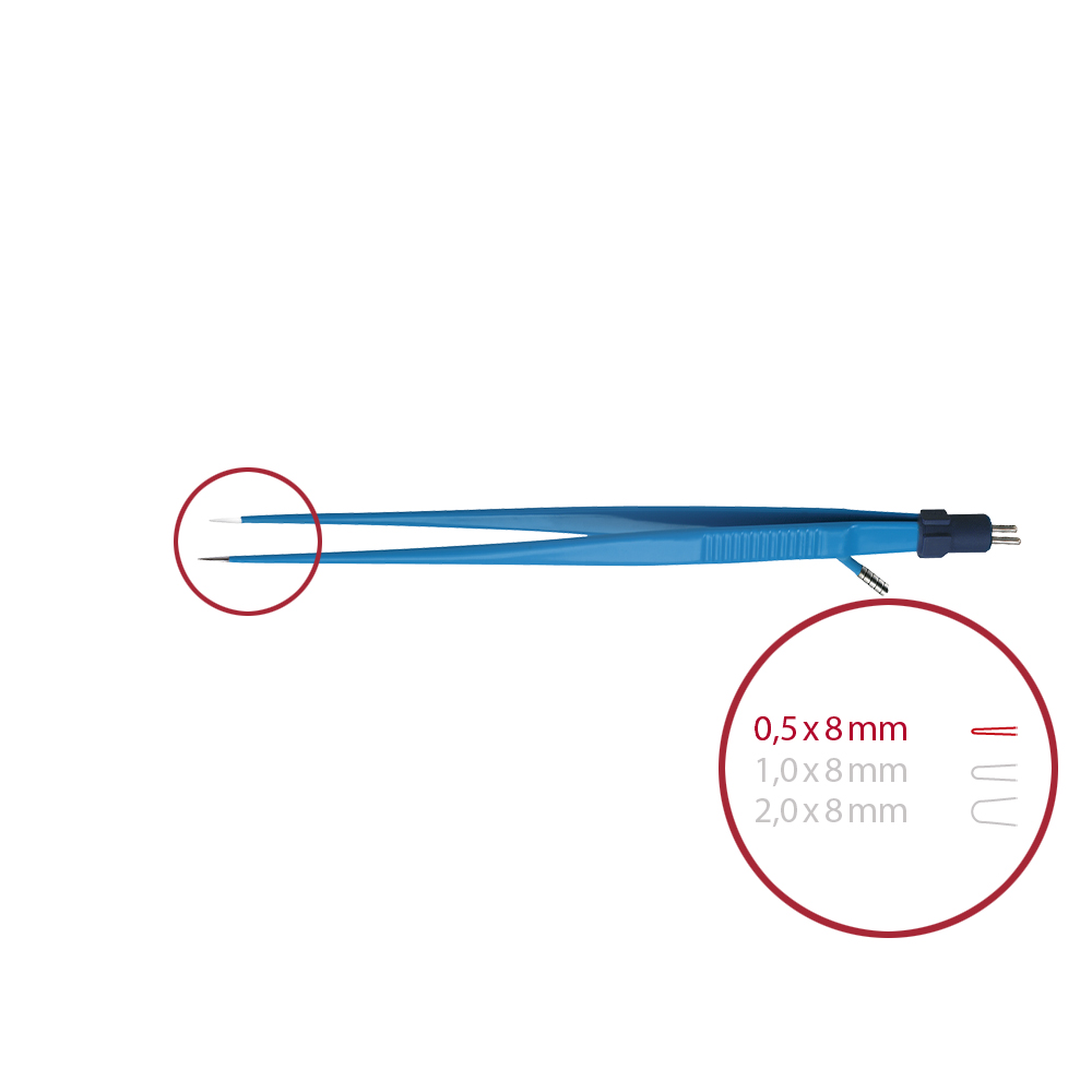 Forceps bipolar with irrigation, straight, pointed 0,5 x 8 mm, length 200 mm, with 2-pin connector