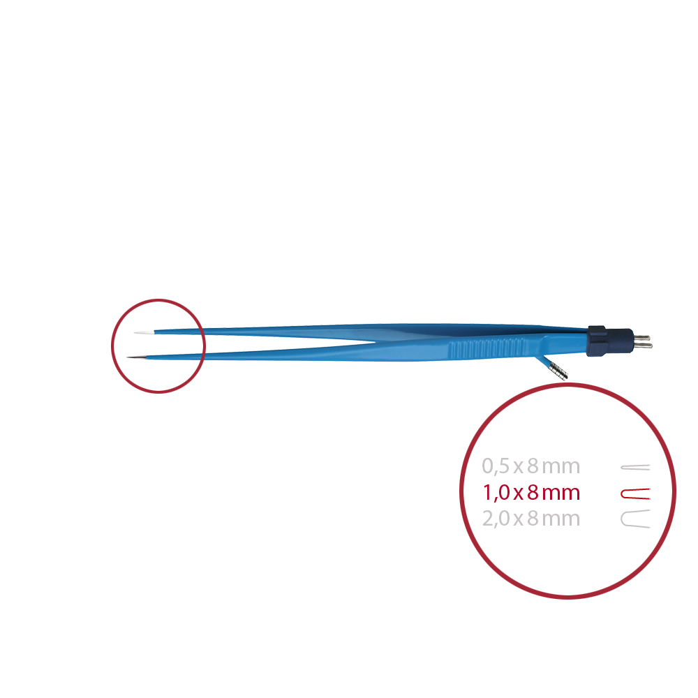 Forceps bipolar with irrigation, straight, pointed 1,0 x 8 mm, length 200 mm, with 2-pin connector