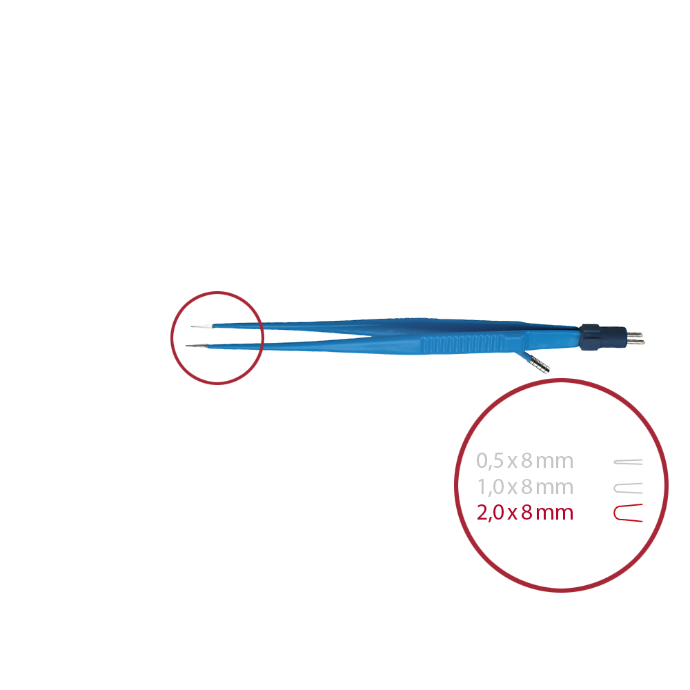 Forceps bipolar with irrigation, straight, pointed 2,0 x 8 mm, length 180 mm, with 2-pin connector