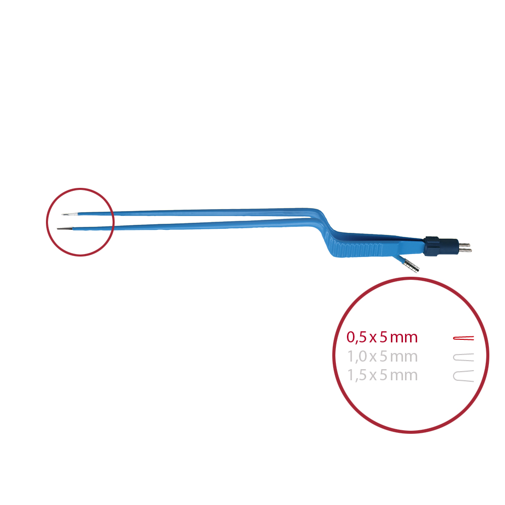 Forceps bipolar bayonet, with irrigation pointed 0,5 x 5 mm, length 220 mm, with 2-pin connector