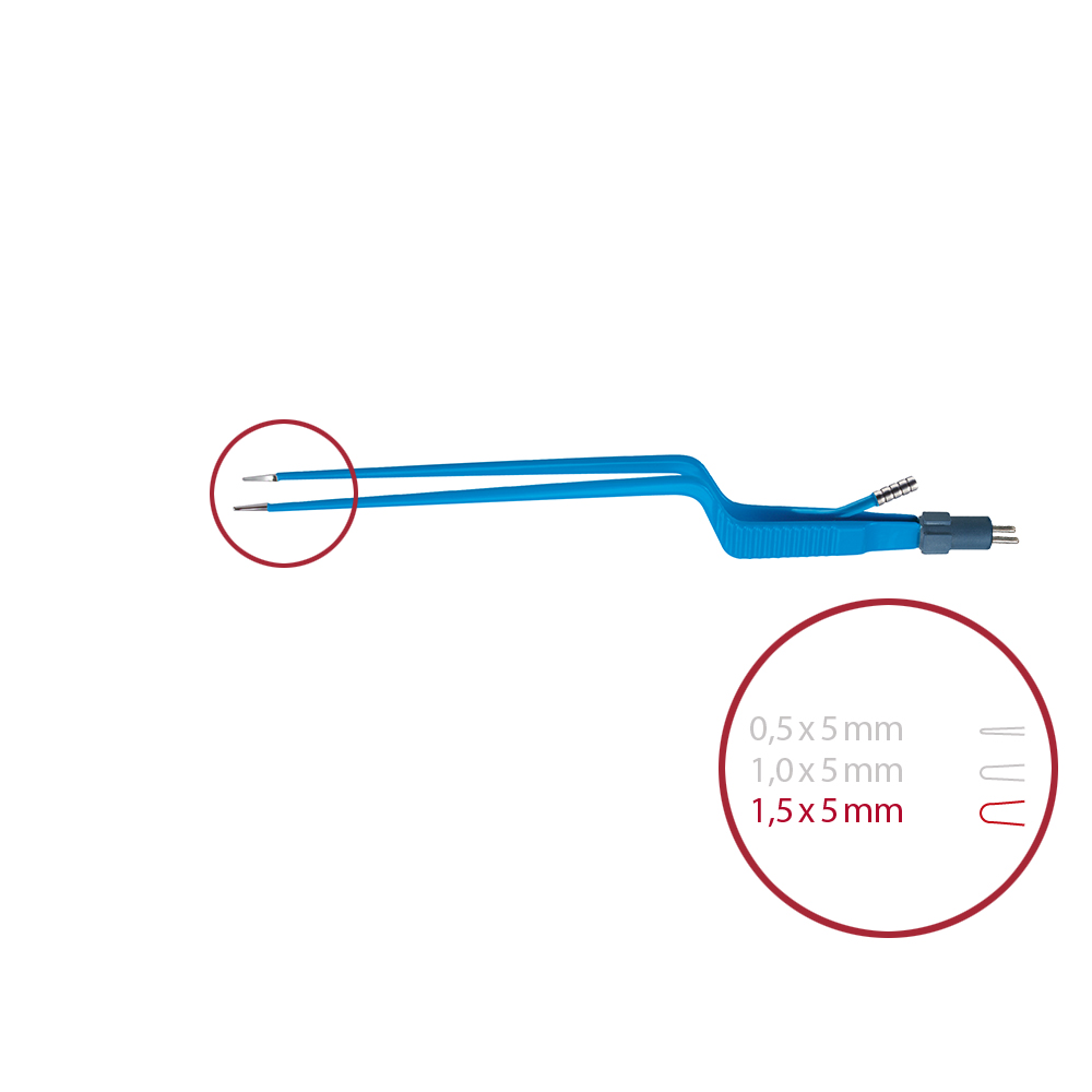 Forceps bipolar bayonet, with irrigation blunt 1,5 x 5 mm, 2 pin plug, length 200 mm