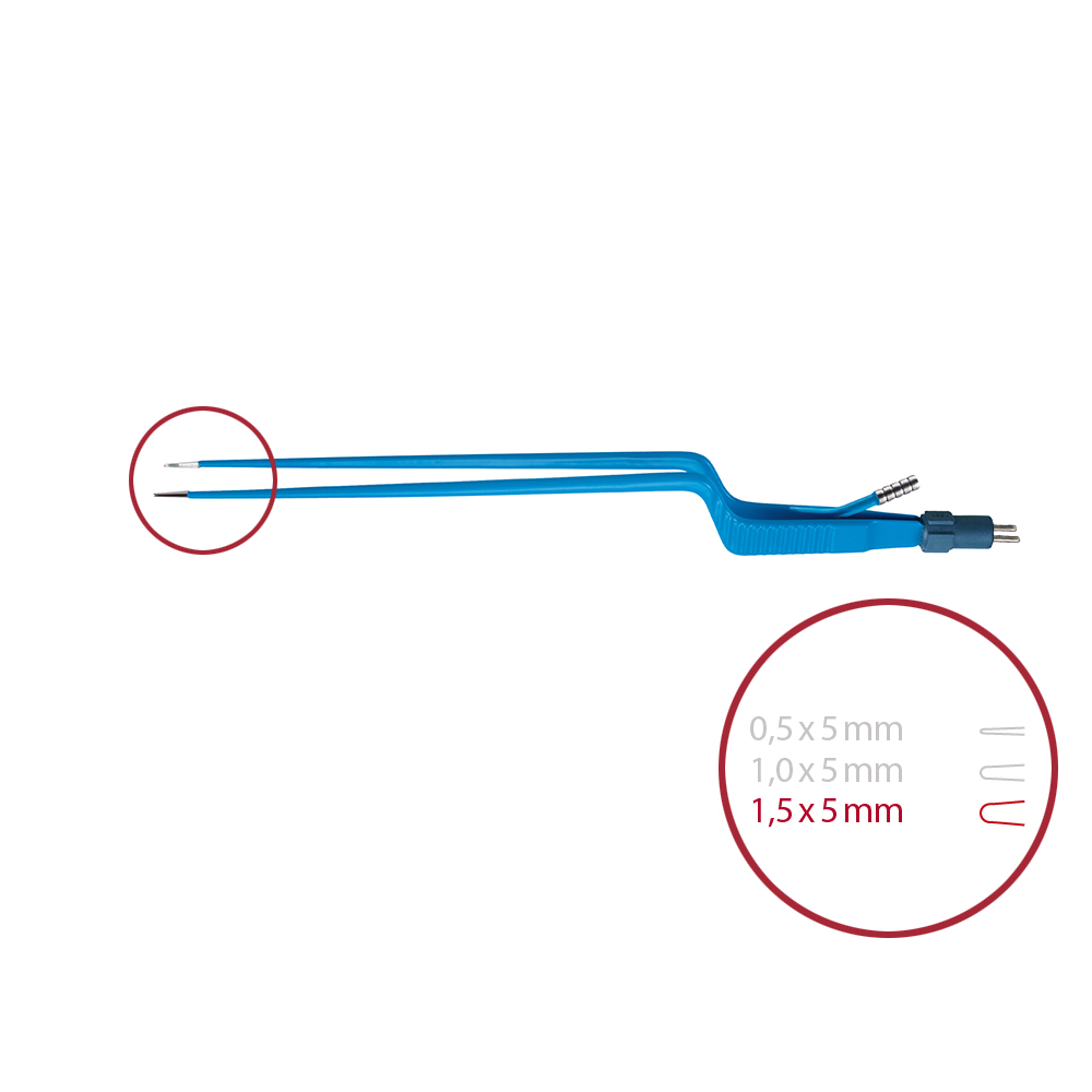 Forceps bipolar with irrigation, bayonet, blunt 1,5 x 5 mm, length 220 mm, 2-pin connector