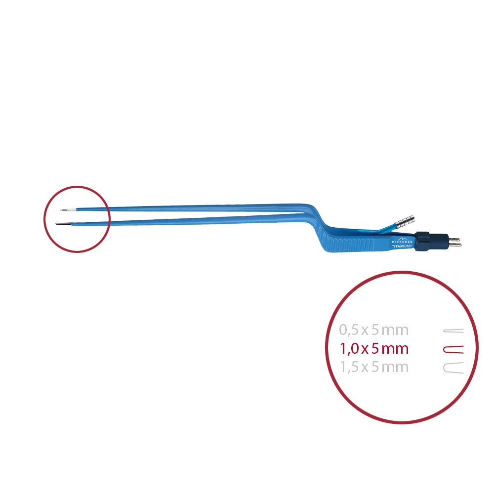 Forceps bipolar, pointed 0,5 mm x 5 mm, with 2-pin connector, with flush, length 220 mm,