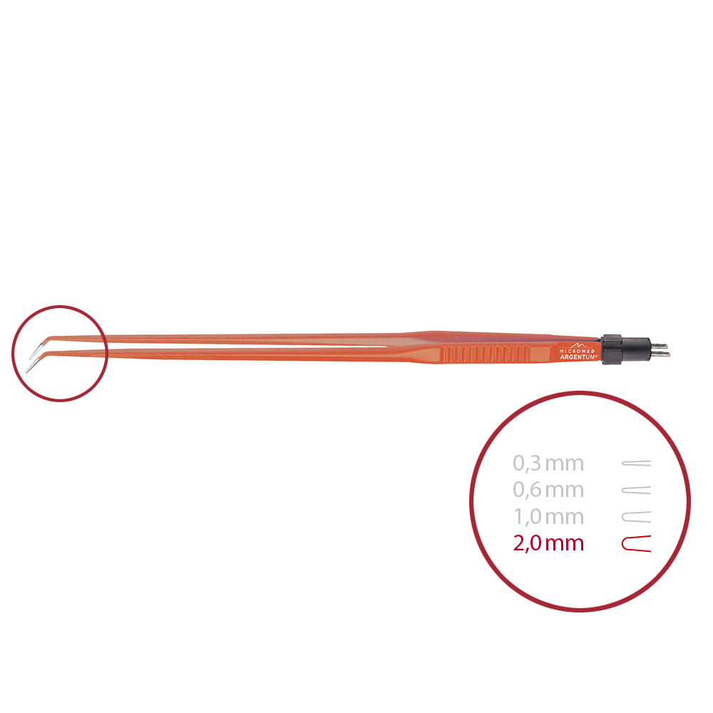 Bipolare Pinzette, ARGENTUM® Non-Stick, abgewinkelt, stumpf 2,0 mm, Länge 240 mm 2-Pin-Stecker