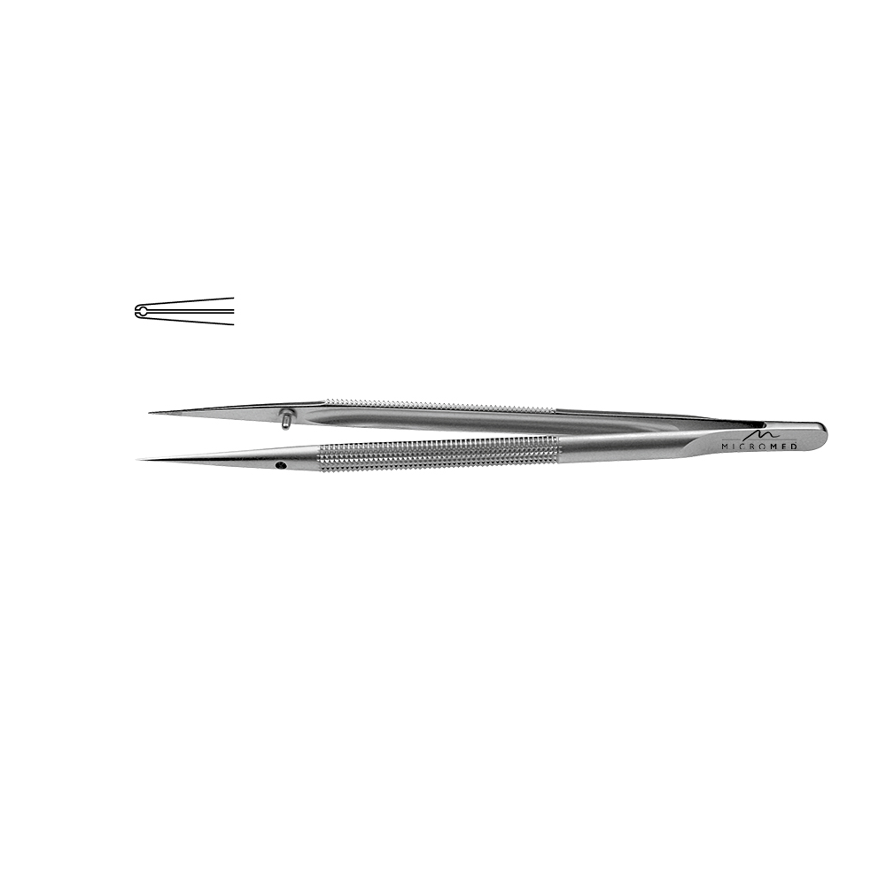 Micro-Forceps straight, length 150 mm tip 0,6mm drilling Ø 0,3 mm Pierce Round handle Ø 8 mm