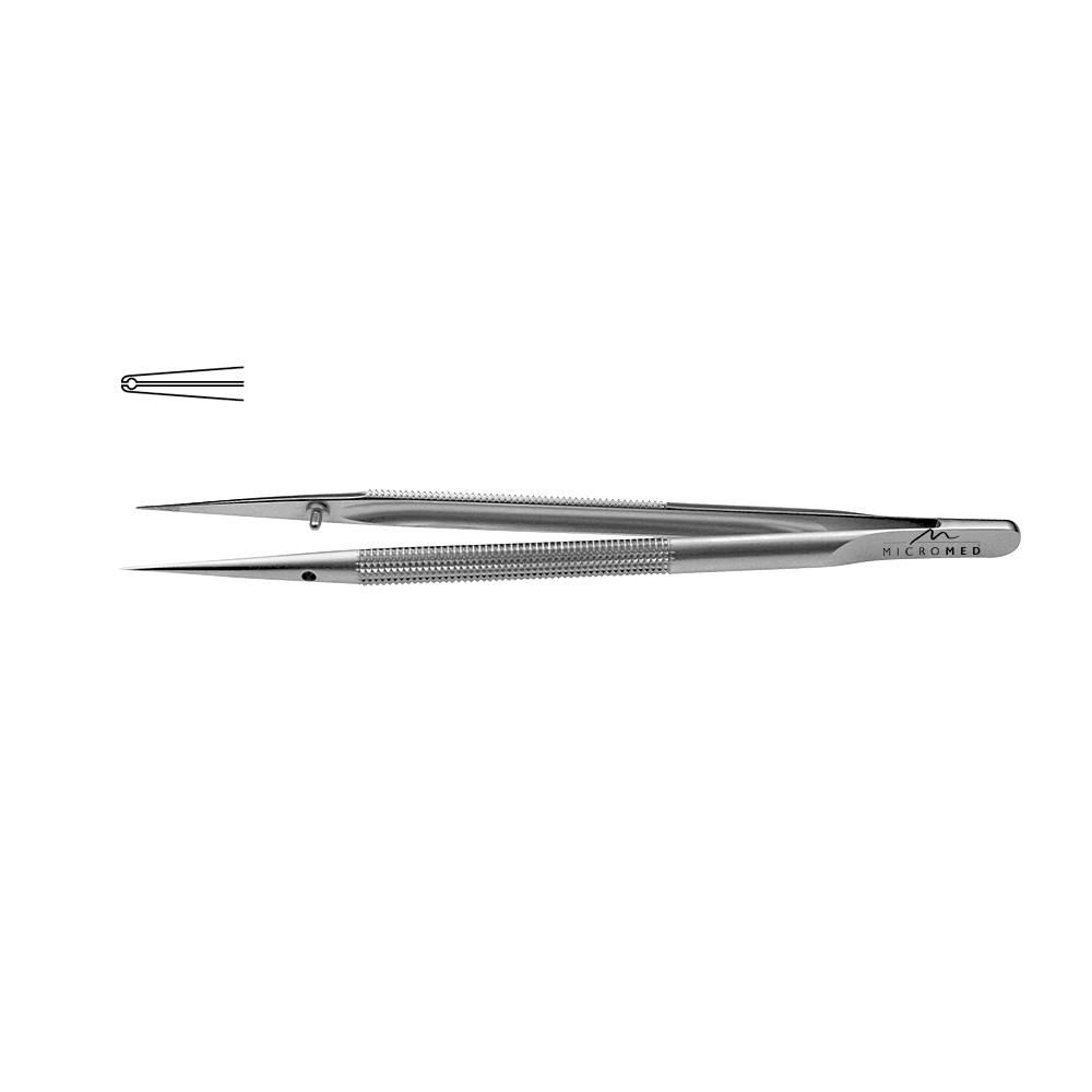 Micro-Forceps straight, length 180 mm tip 0,6 mm drilling Ø 0,3 mm Pierce Round handle Ø 8 mm