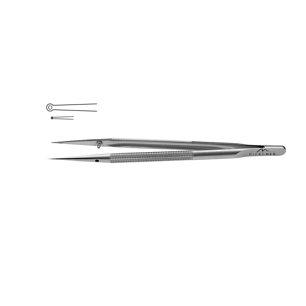 Micro-Forceps straight length 150 mm tip with ring 0,8 x 0,4mm Round handle Ø 8 mm