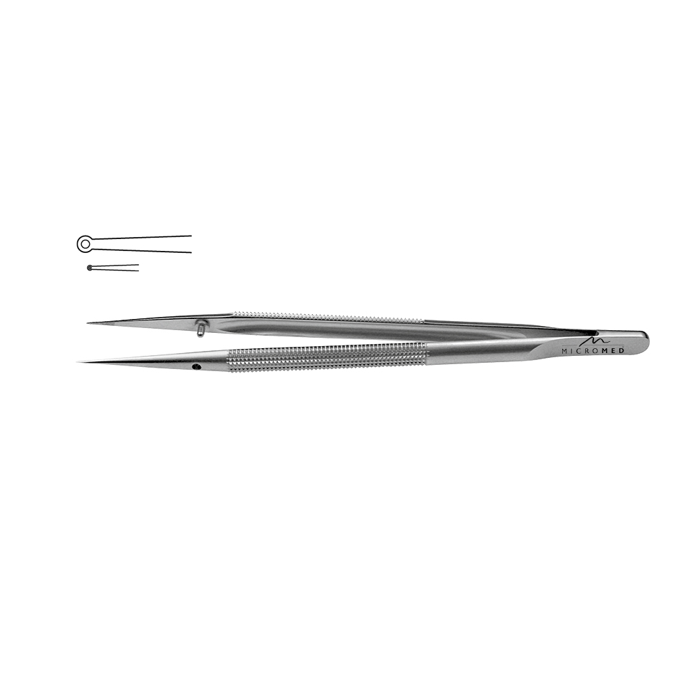 Micro-Forceps straight length 180 mm tip with ring 0,8 x 0,4mm Round handle Ø 8 mm