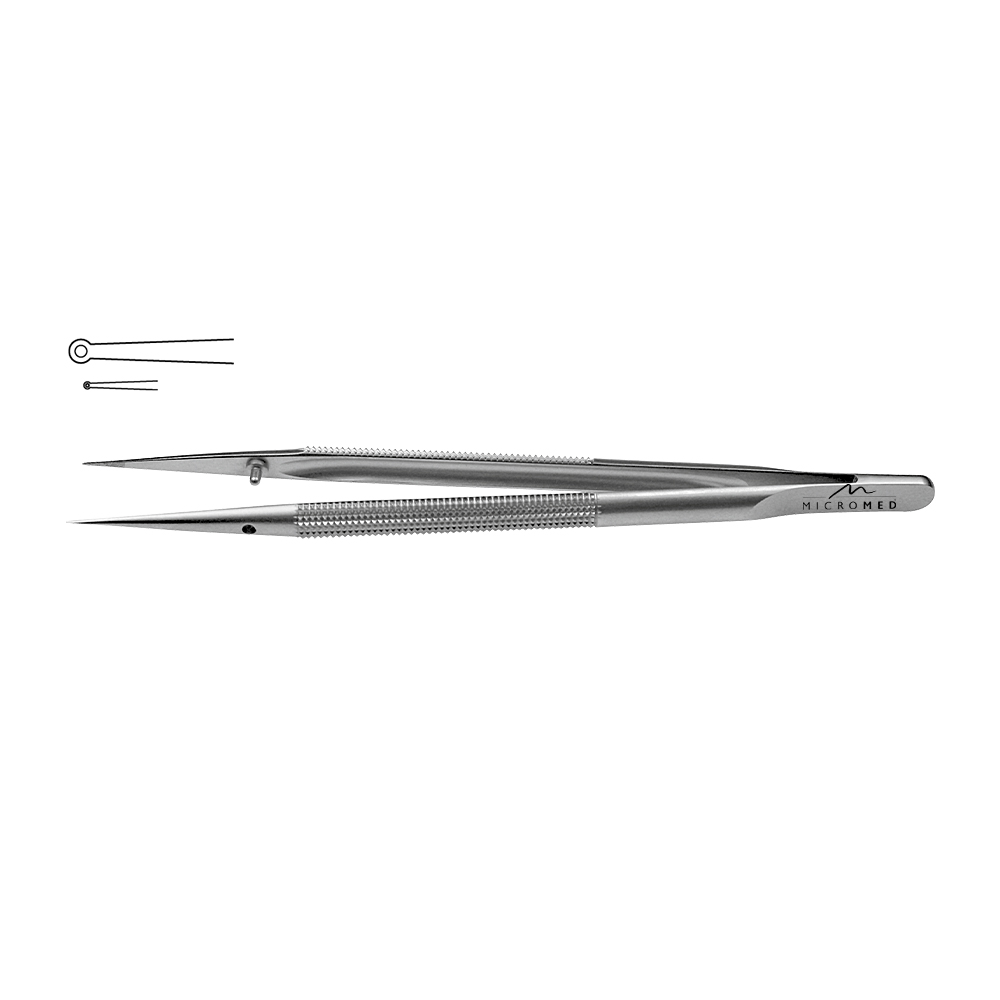 Micro-Forceps straight length 210 mm tip with ring 0,8 x 0,4mm Round handle Ø 8 mm