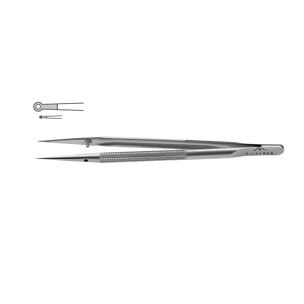 Micro-Forceps straight length 180 mm tip with ring 1,0 x 0,5mm Round handle Ø 8 mm