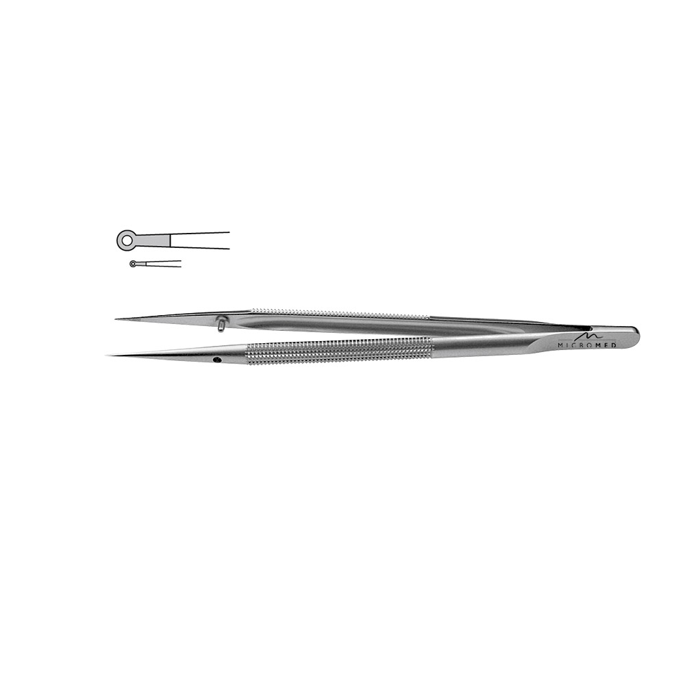 Micro-Forceps straight length 180 mm tip with ring 1,0 x 0,5mm Round handle Ø 8 mm