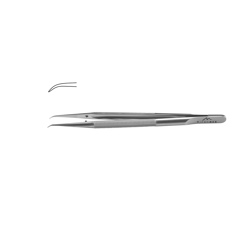 Micro-Forceps angulated, length 120 mm tip without plateau, smooth 0,3 mm Round handle Ø 8 mm