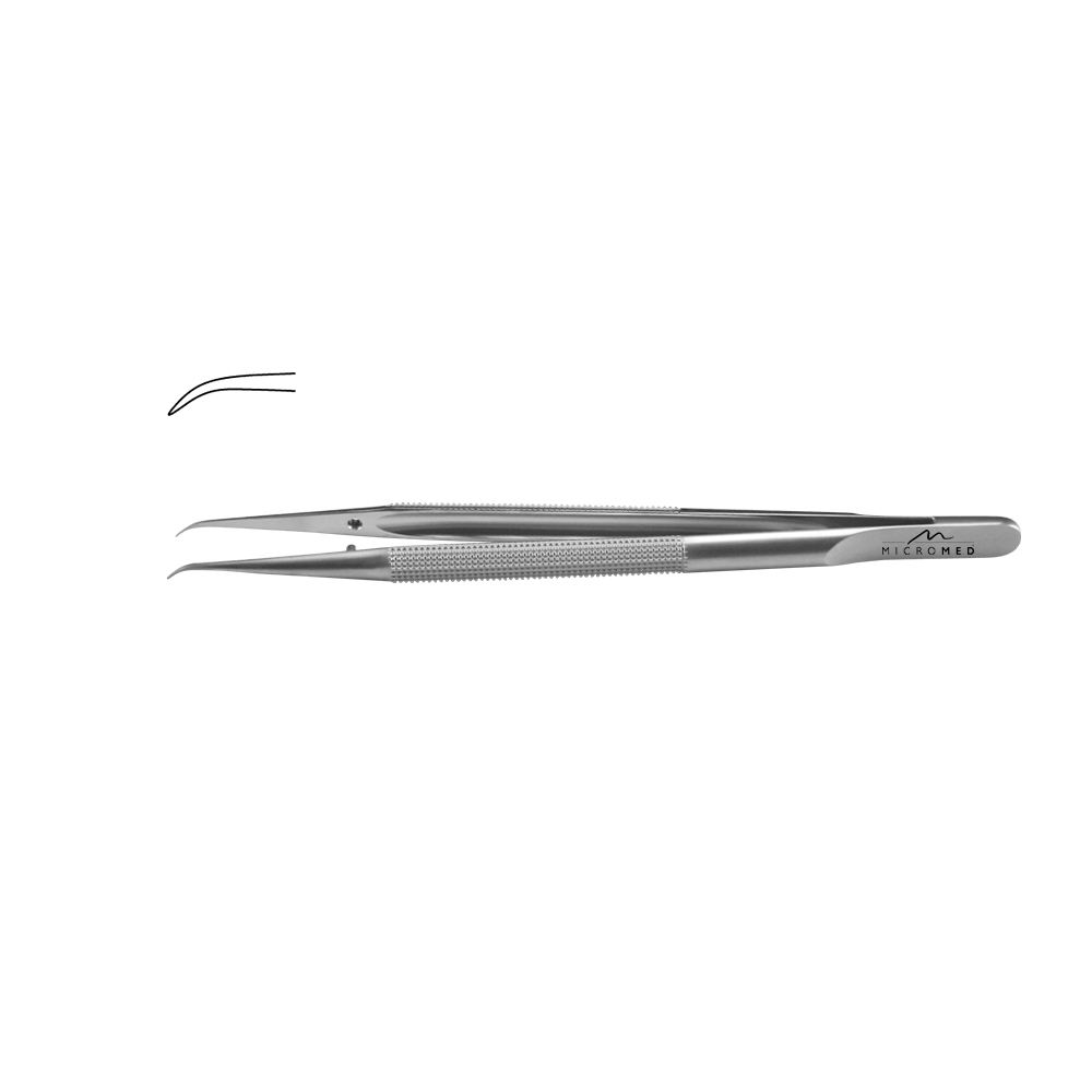 Micro-Forceps angulated, length 150 mm tip without plateau, smooth 0,3 mm Round handle Ø 8 mm