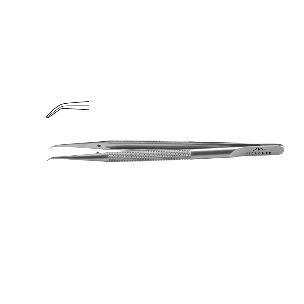 Micro-Forceps upward curved, length 150 mm, tip 0,5 mm Round handle Ø 8 mm