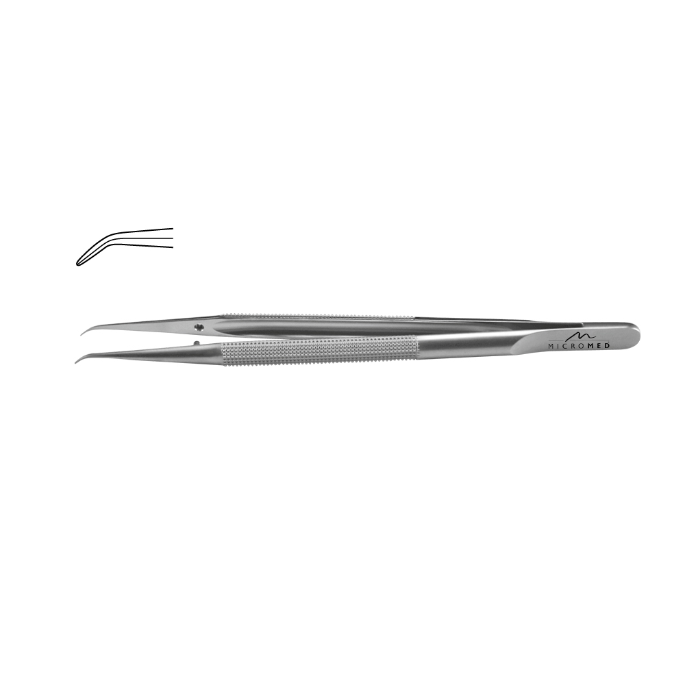 Micro-Forceps upward curved, length 180 mm, tip 0,5 mm Round handle Ø 8 mm