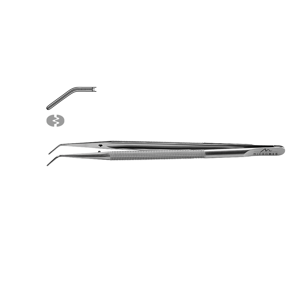 Micro-Forceps angulated, atraumatic length 150 mm, tip 1,1 mm Round handle Ø 8 mm